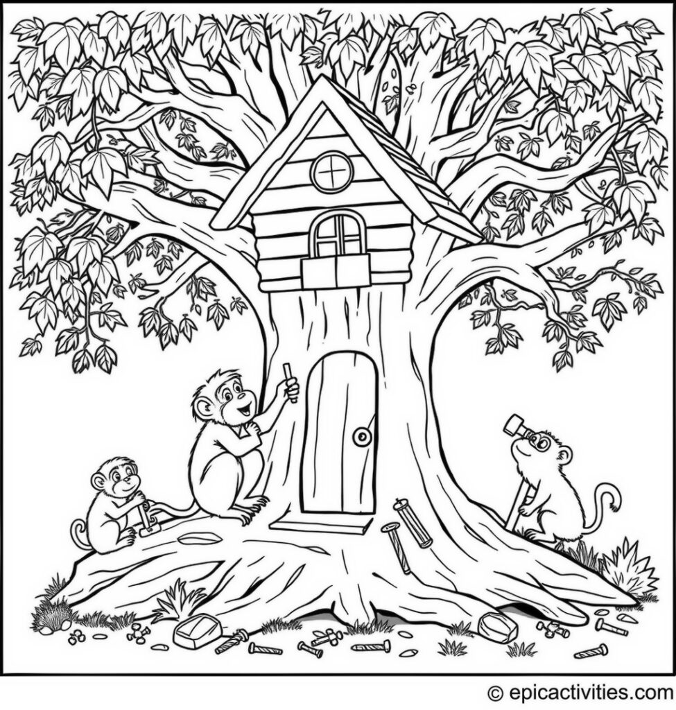 Coloring page of a Baboon Building a Treehouse