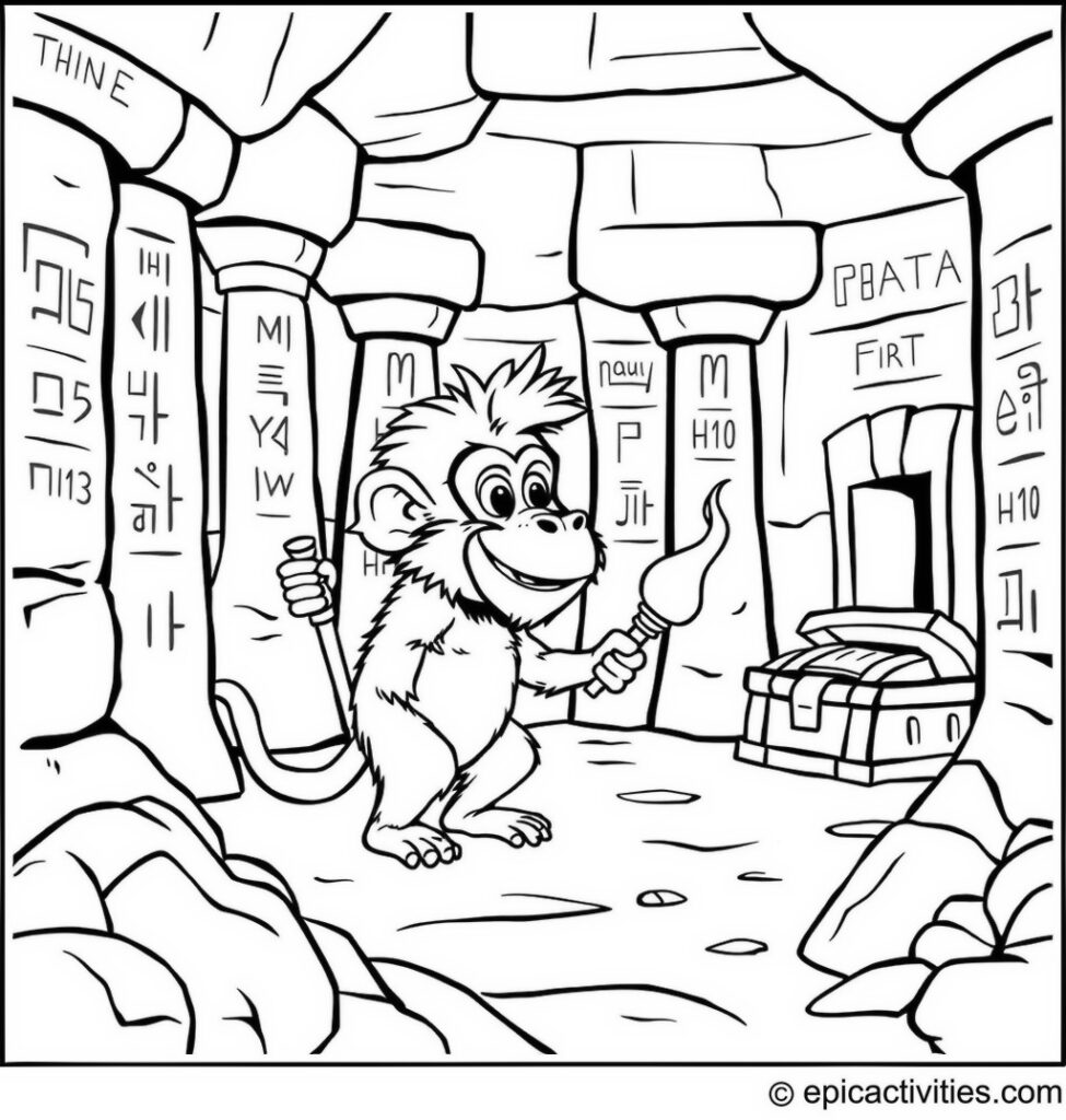 Coloring page of a Baboon Exploring an Ancient Temple