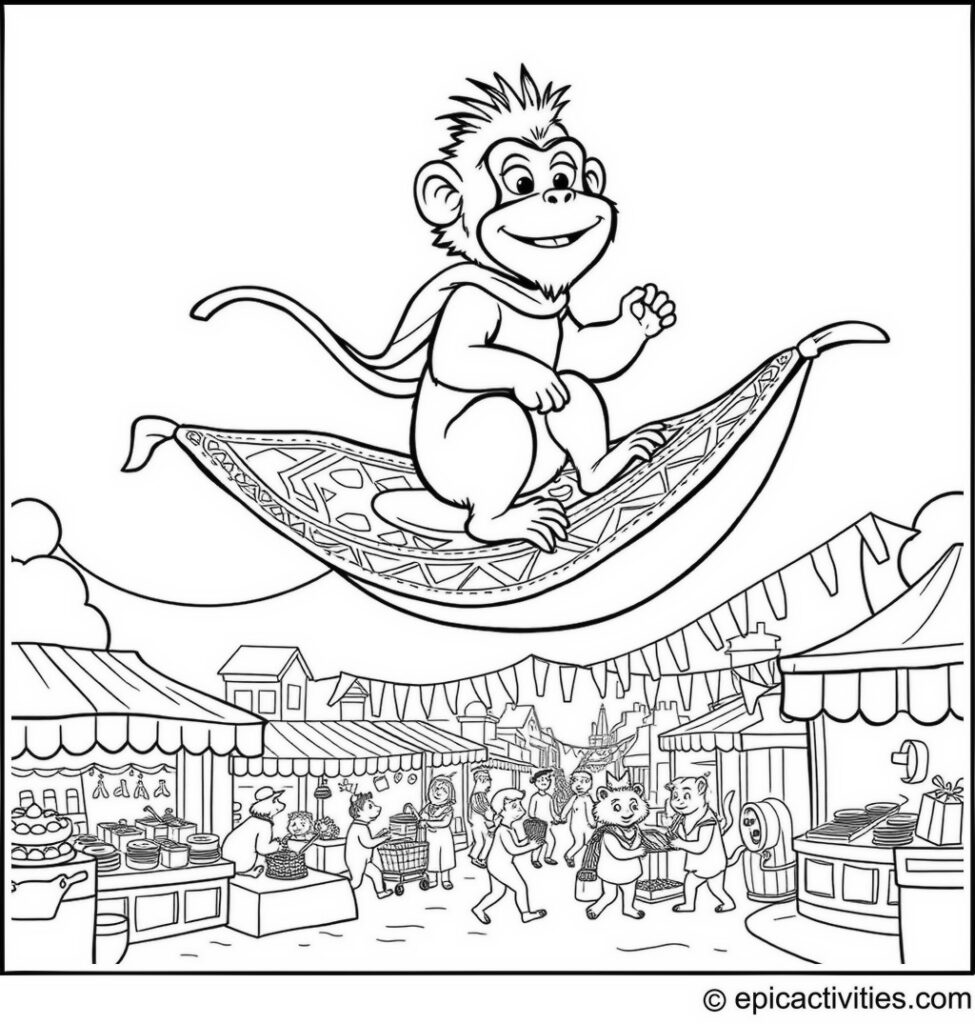 Coloring page of a Baboon Riding a Flying Carpet over a Marketplace