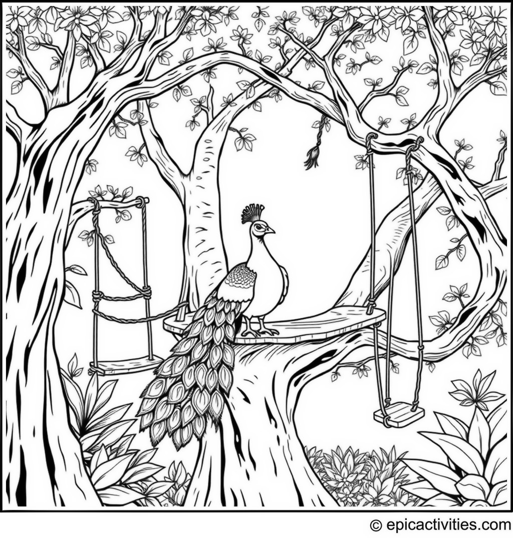 Coloring page of a Beautiful Peacock in a Detailed Treehouse with Rope Bridges and Tree Swings
