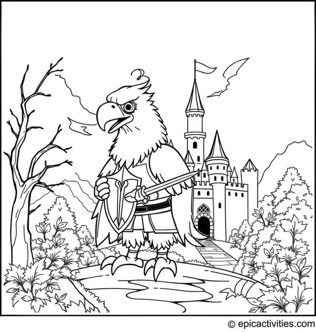 Coloring page of a Brave Eagle Knight Protecting a Castle in a Mythical Setting