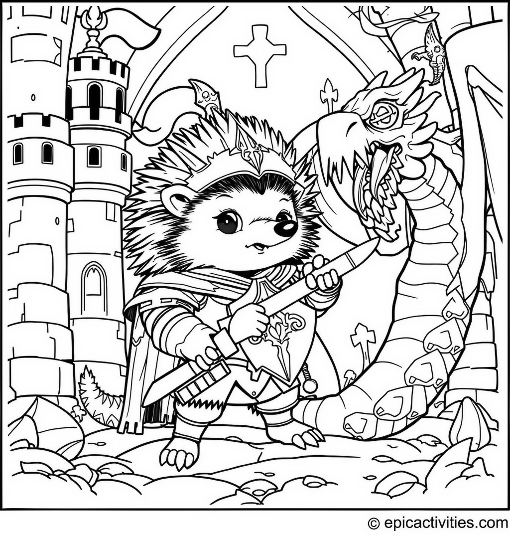 Coloring page of a Brave Hedgehog Knight Battling a Dragon in a Castle