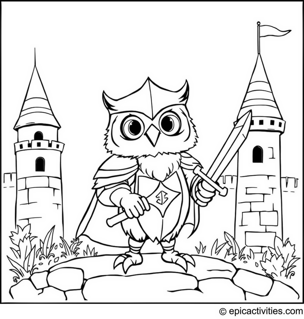 Coloring page of a Brave Knight Owl in a Whimsical Castle