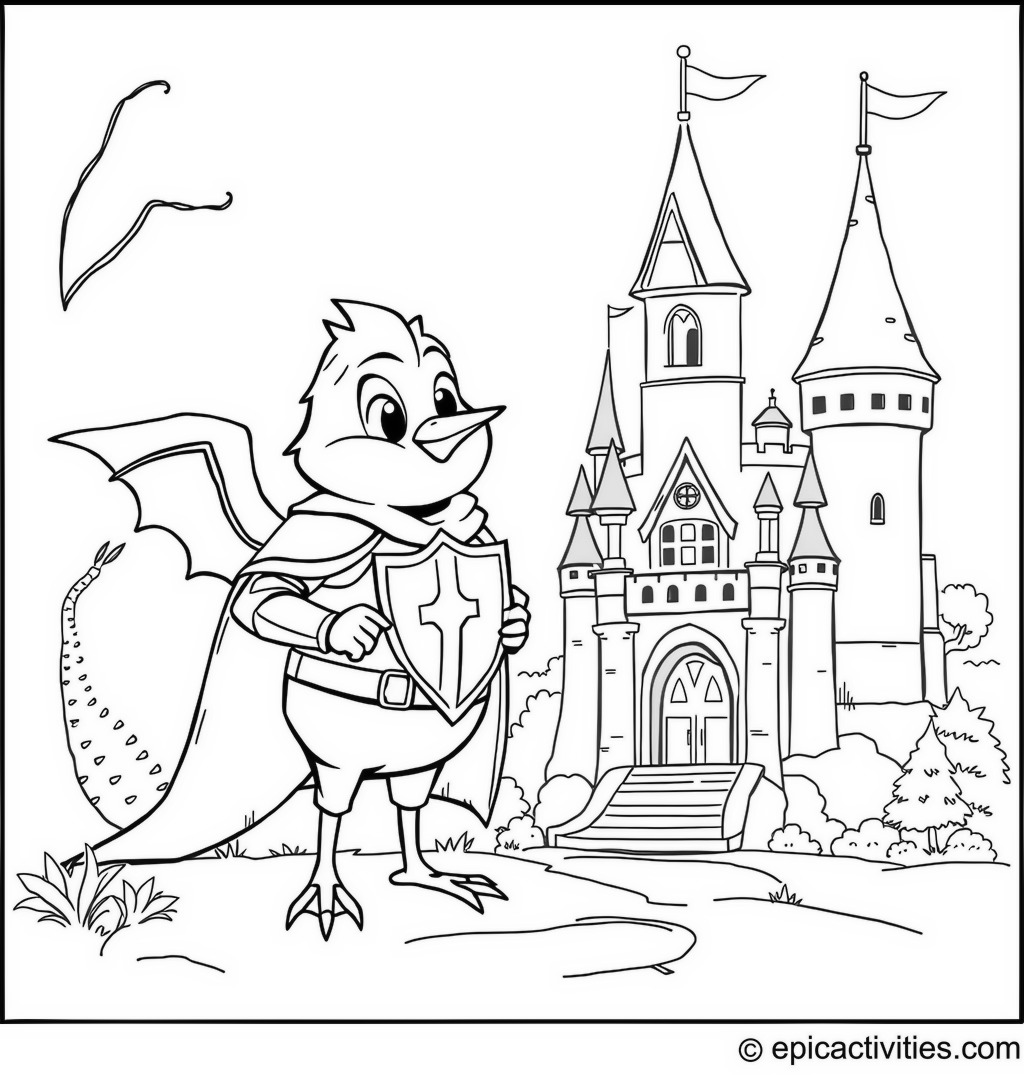 Coloring page of a Brave Knight Robin and Dragon Friend at the Fairy-Tale Castle