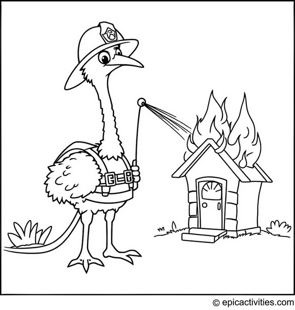 Coloring page of a Brave Ostrich Firefighter