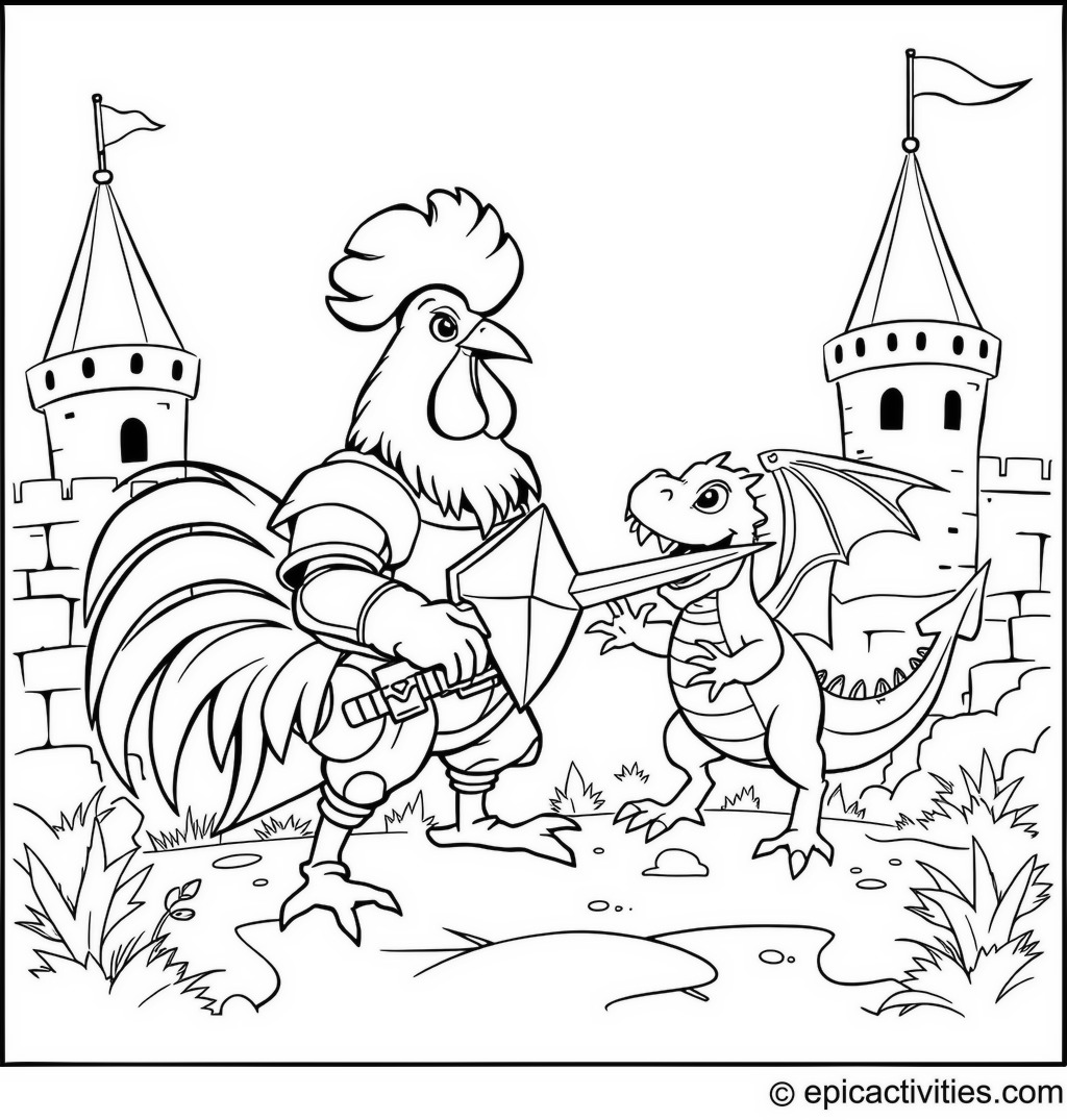 Coloring page of a Brave Rooster Knight Battling a Playful Dragon in a Castle