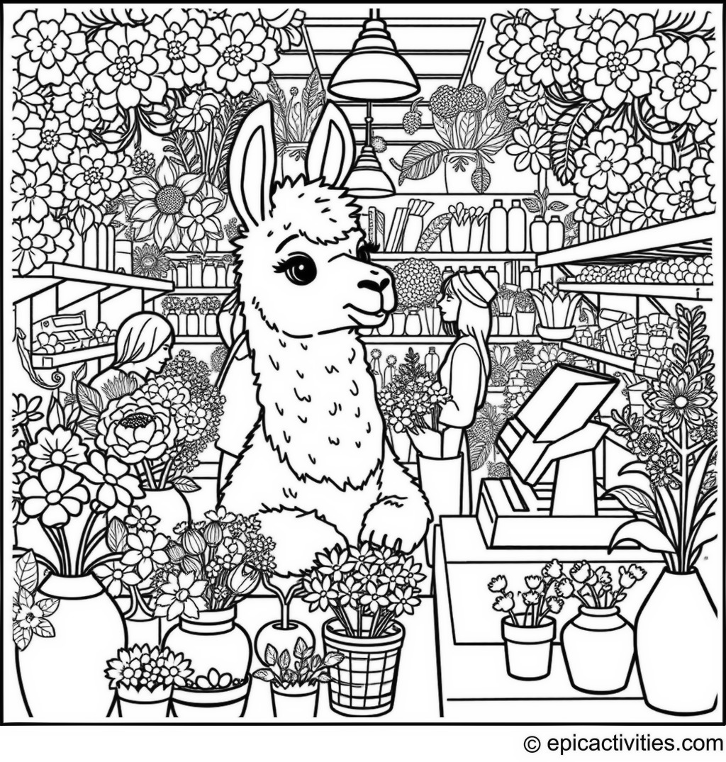 Coloring page of a Busy Llama at a Flower Shop