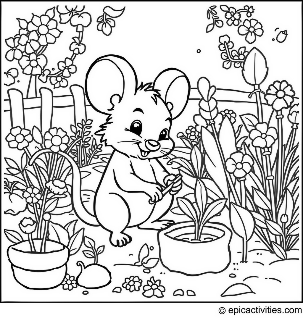 Coloring page of a Busy Mouse Community Garden Adventure