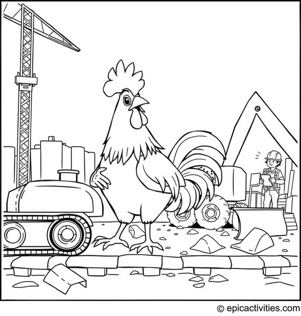 Coloring page of a Busy Rooster at a Construction Site