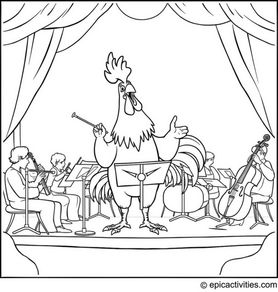 Coloring page of a Cackling Conductor: Cartoon Rooster Leading an Orchestra