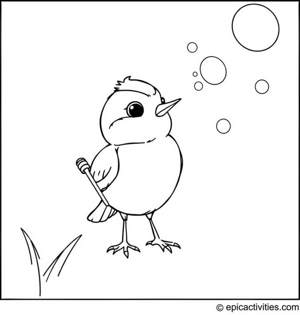 Coloring page of a Cartoon Chickadee Blowing Bubbles