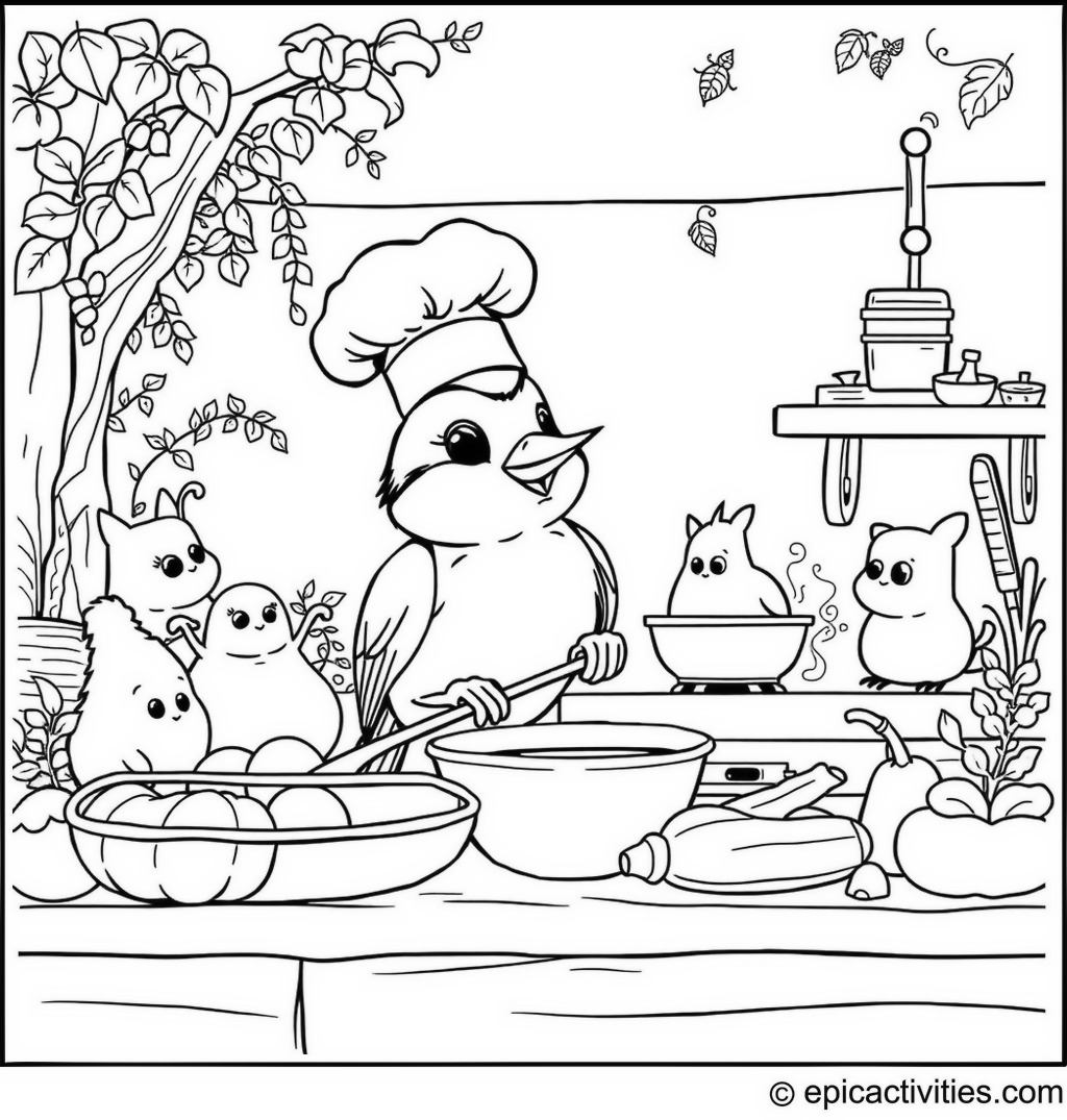 Coloring page of a Cartoon Chickadee Chef Cooking with Friends in an Outdoor Kitchen