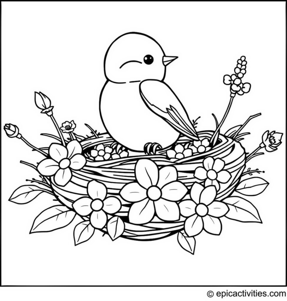 Coloring page of a Cartoon Chickadee in a Flower Nest