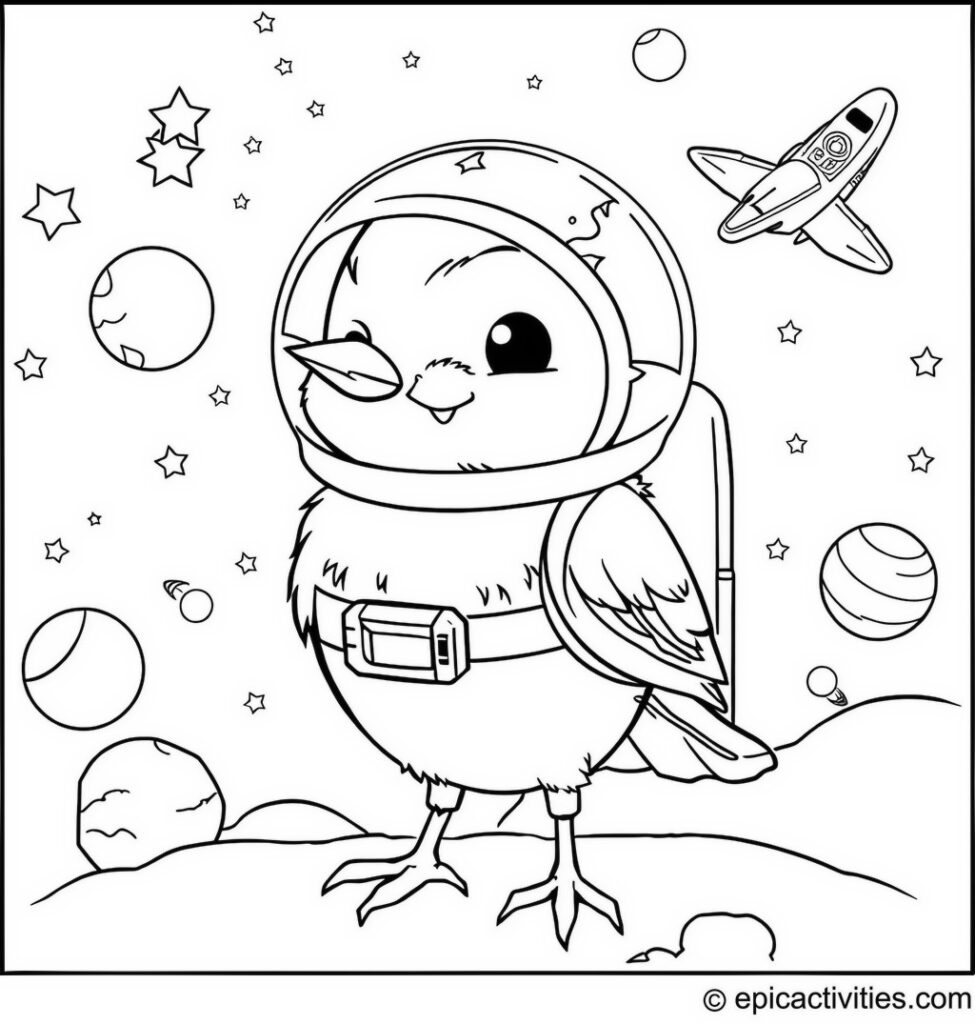 Coloring page of a Cartoon Chickadee in Astronaut Gear with Space Theme