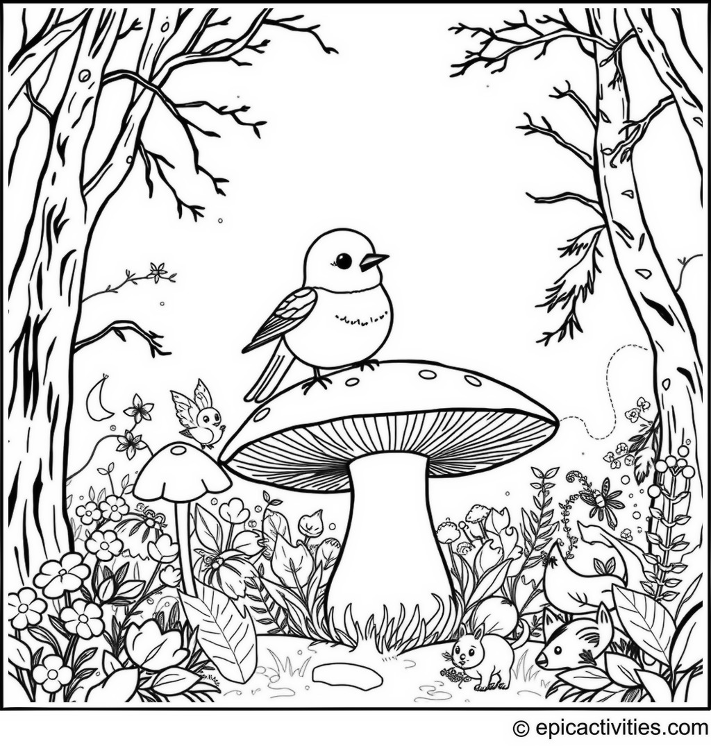 Coloring page of a Cartoon Chickadee on a Toadstool in a Magical Forest