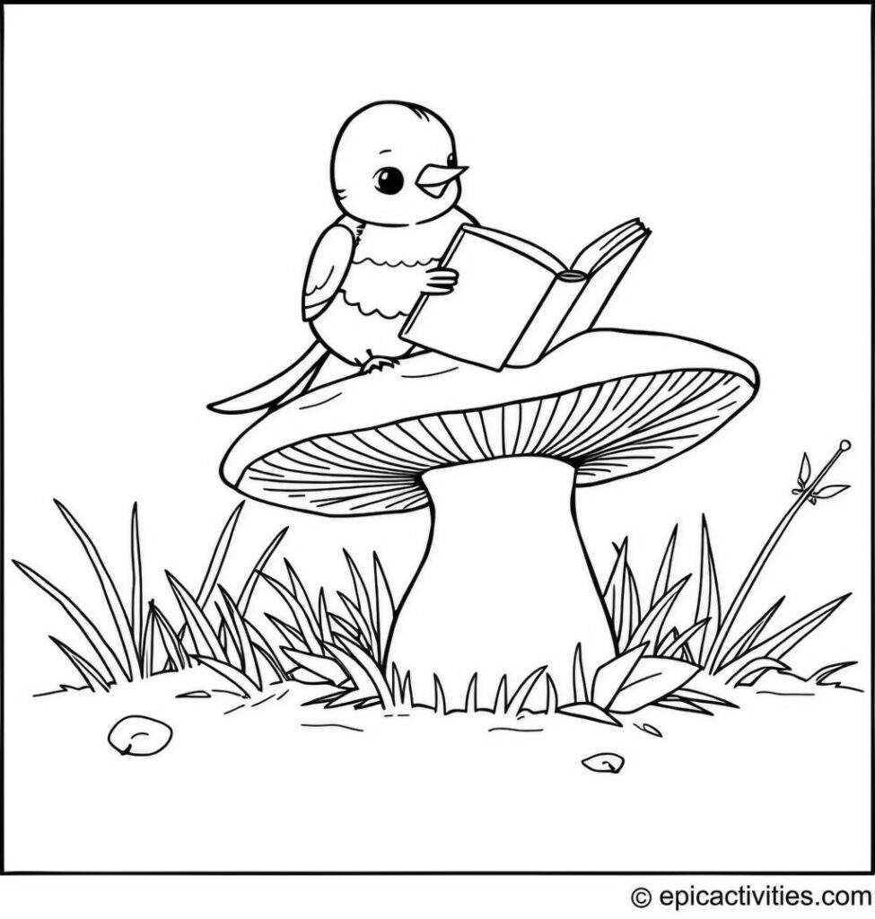 Coloring page of a Cartoon Chickadee Reading on a Toadstool
