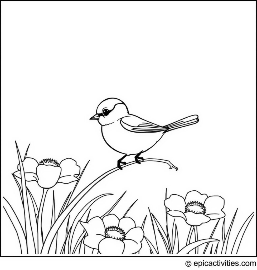 Coloring page of a Cartoon Chickadee Sliding Down a Buttercup