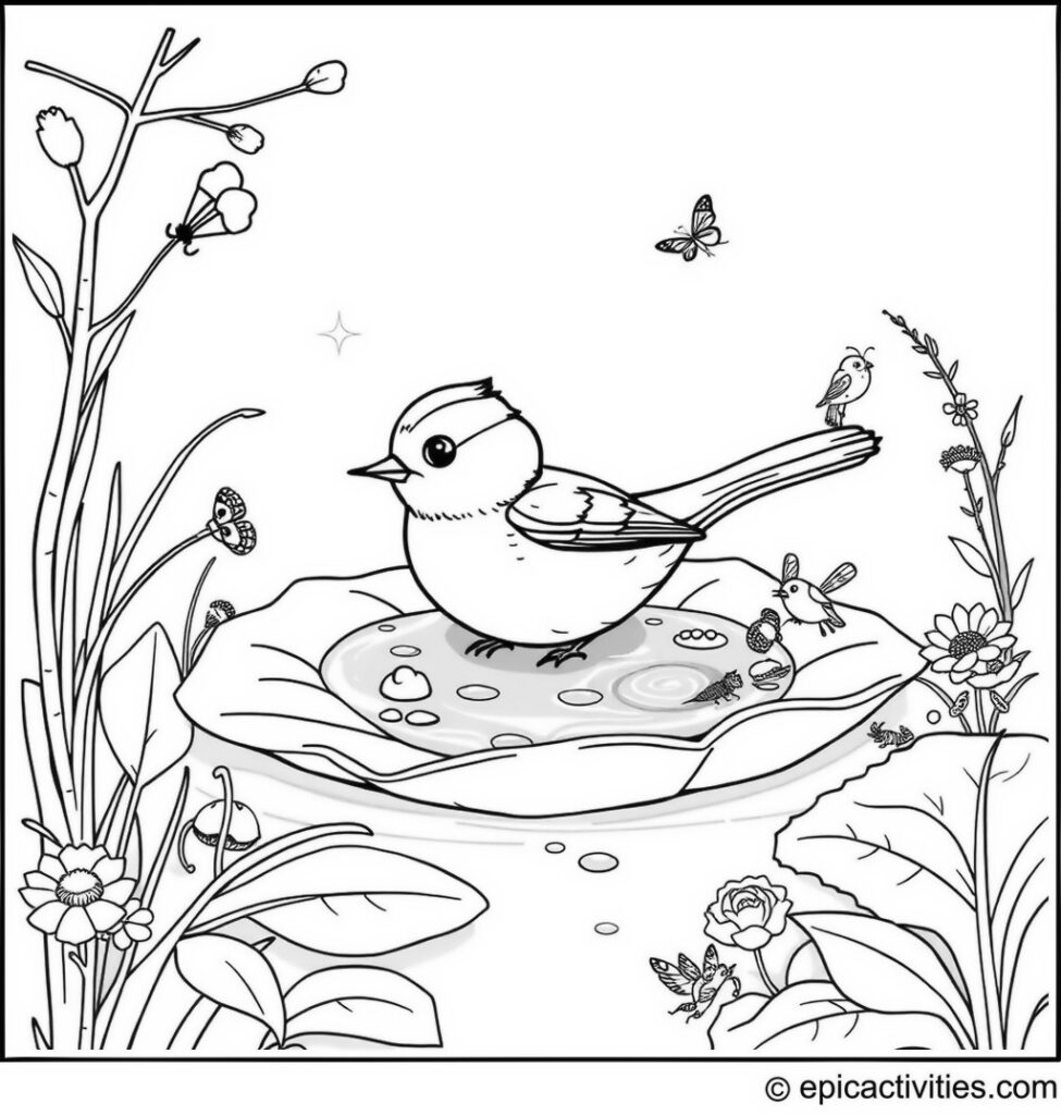 Coloring page of a Cartoon Chickadee Swimming in a Tiny Leaf Pool