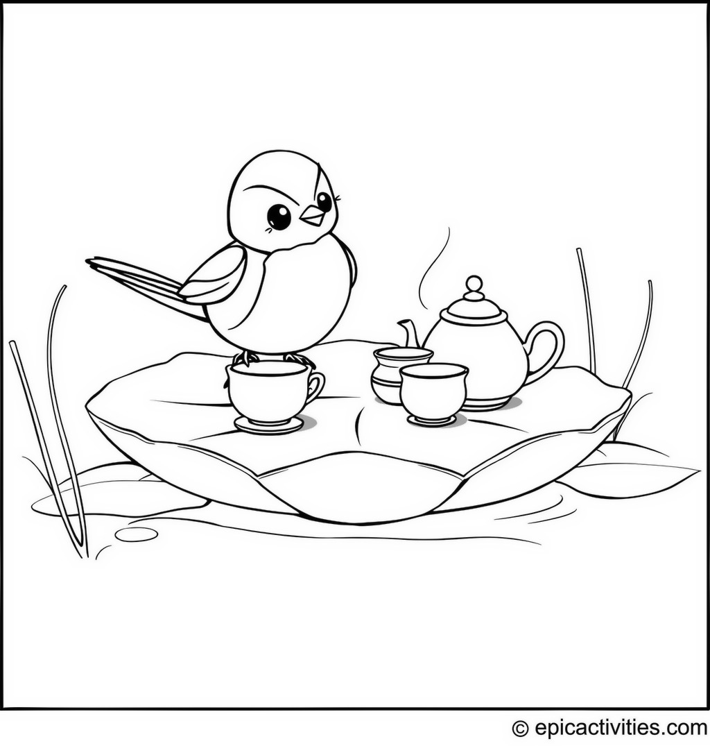 Coloring page of a Cartoon Chickadee Tea Party on a Lily Pad