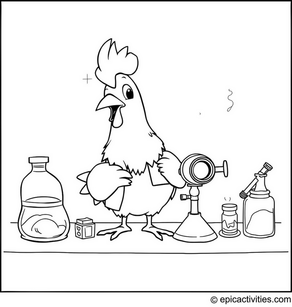 Coloring page of a cartoon chicken at a Science Fair with an invention