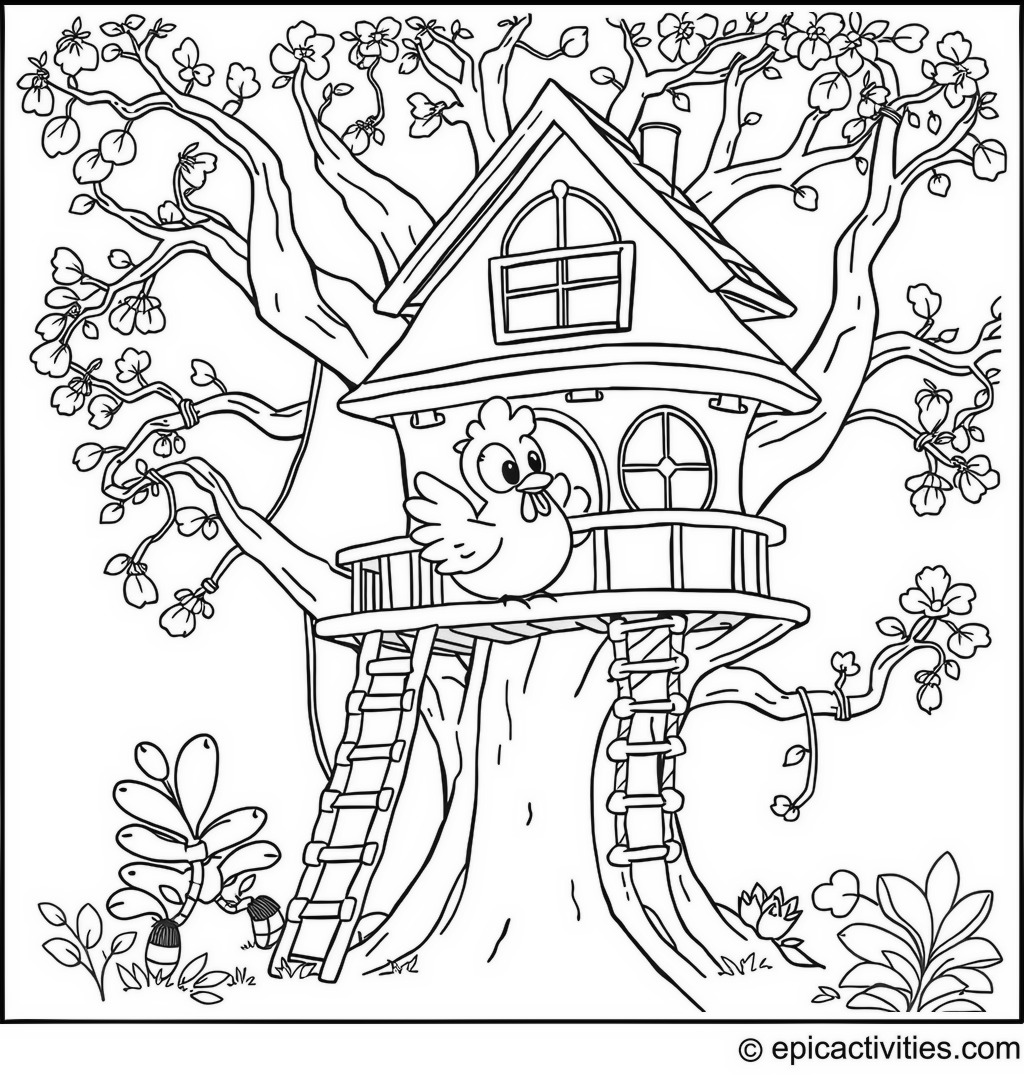 Coloring page of a Cartoon Chicken Exploring a Treehouse