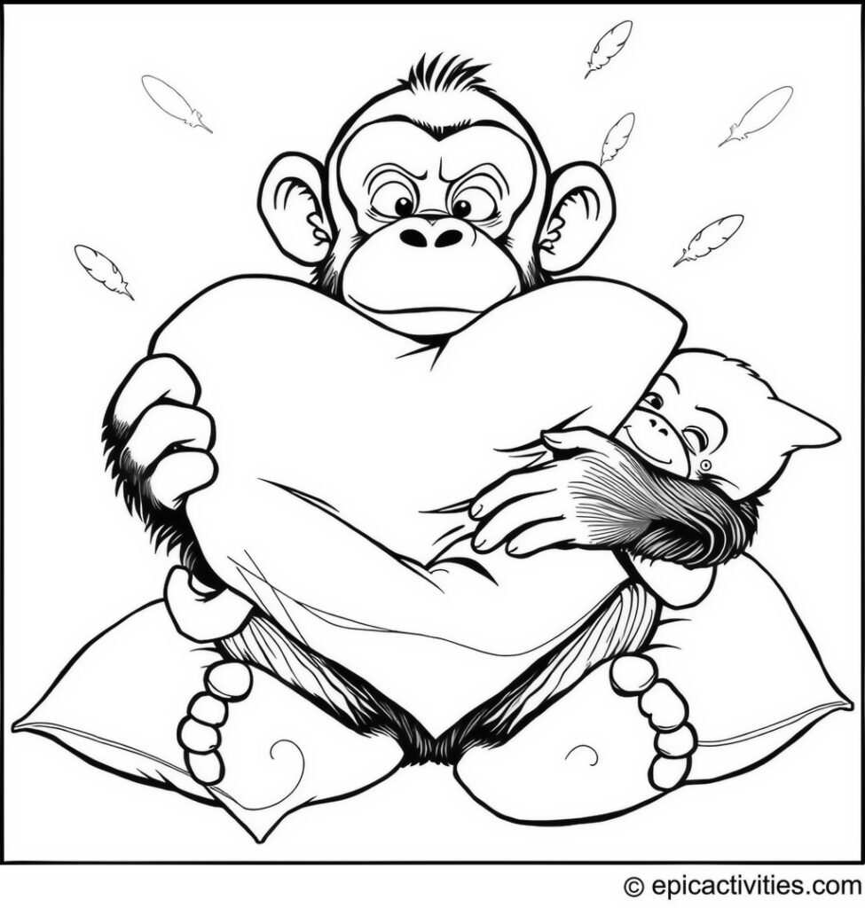 Coloring page of a Cartoon Chimpanzee Pillow Fight