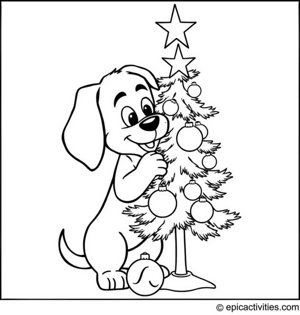 Coloring page of a Cartoon Dog Decorating a Small Tree with Ornaments