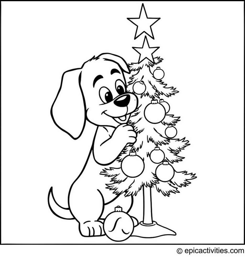 Coloring page of a Cartoon Dog Decorating a Small Tree with Ornaments