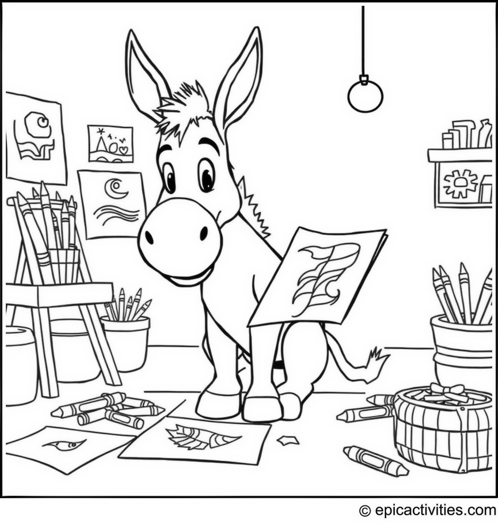 Coloring page of a Cartoon Donkey in an Arts and Crafts Room