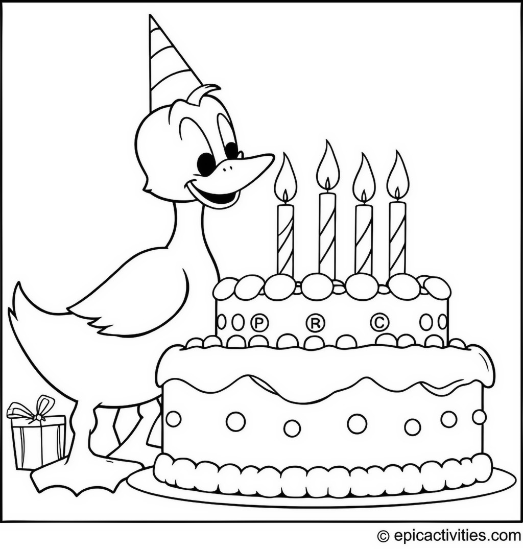 Coloring page of a Cartoon Duck Blowing Out Birthday Candles on a Giant Cake with Party Decorations