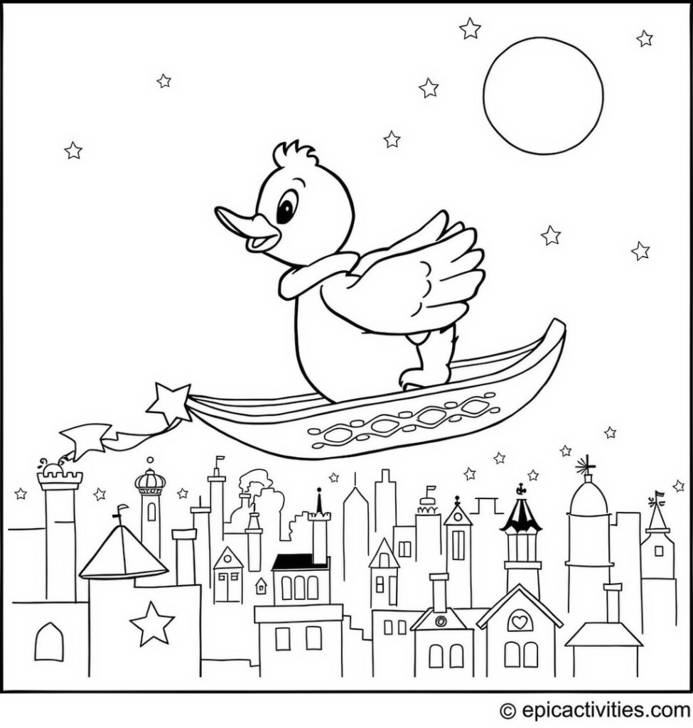 Coloring page of a Cartoon Duck Flying a Magic Carpet Over a Lit-Up Cityscape