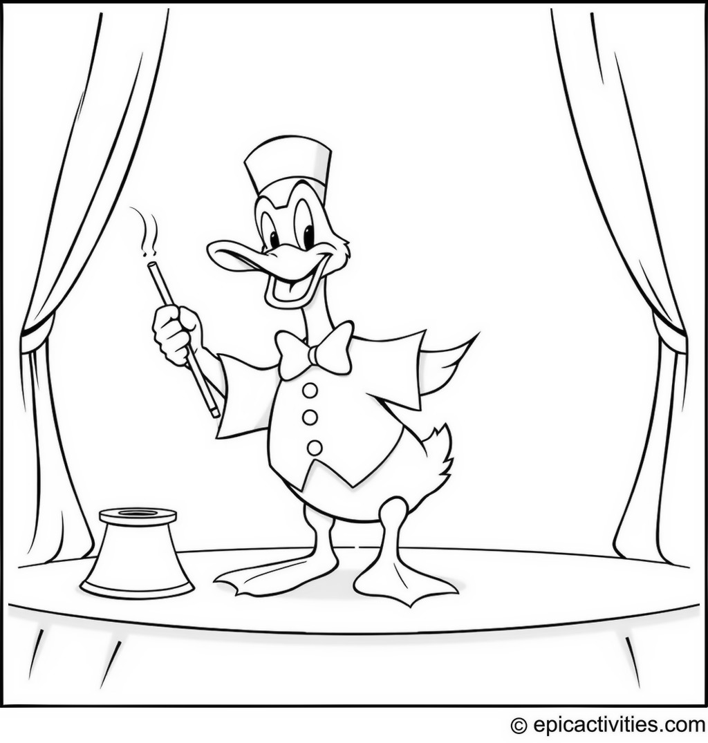 Coloring page of a Cartoon Duck Performing Magic Trick