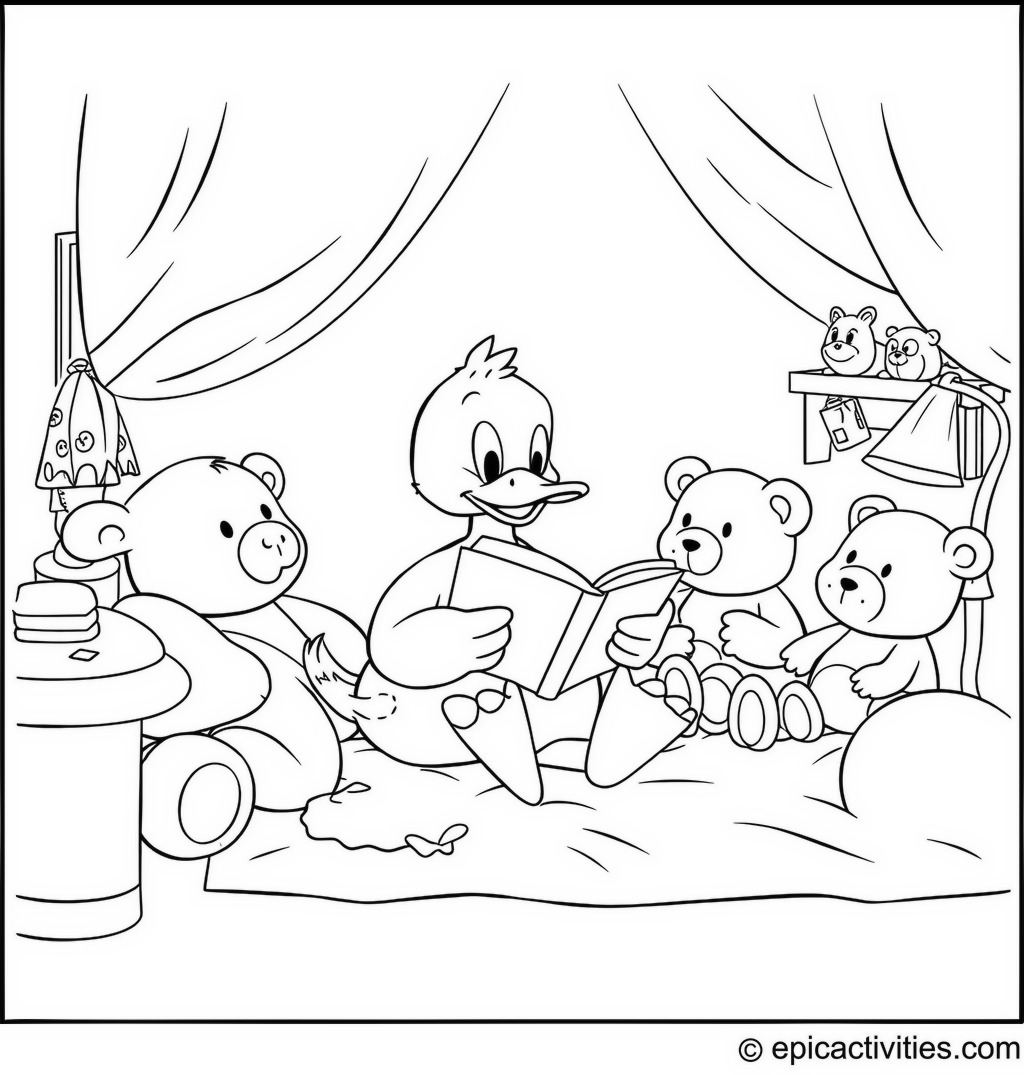 Coloring page of a Cartoon Duck Reading a Bedtime Story to Stuffed Animals in a Cozy, Whimsical Bedroom