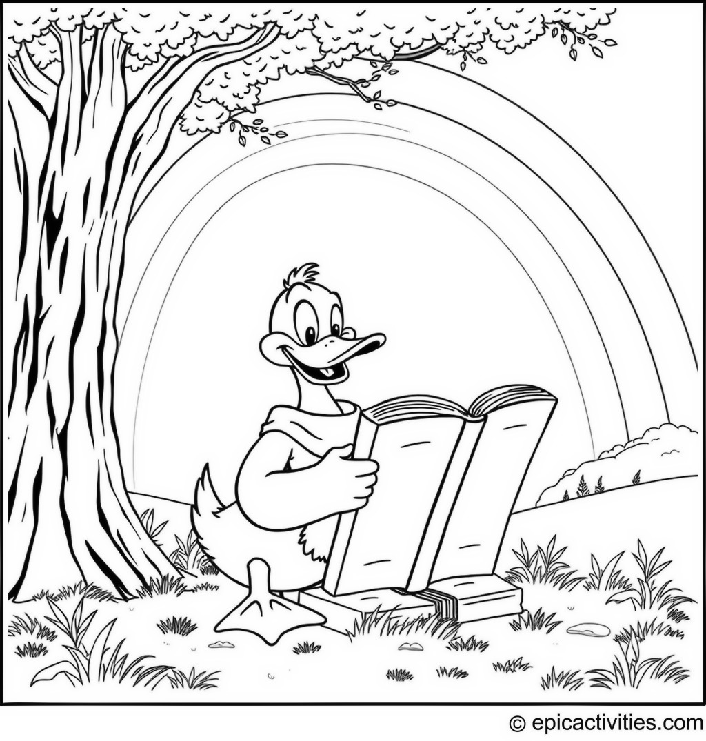 Coloring page of a Cartoon Duck Reading a Huge, Ancient Book Under a Tree with a Rainbow Sky Above