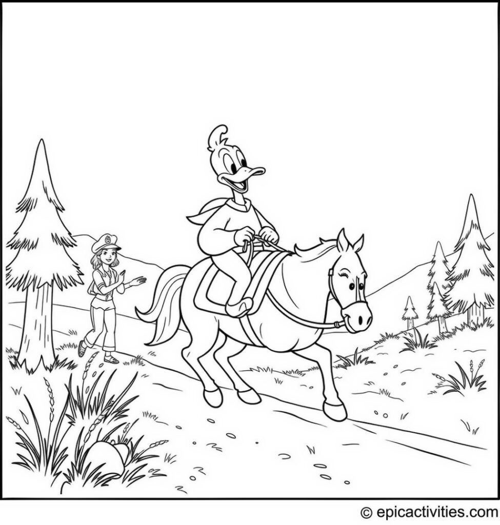 Coloring page of a Cartoon Duck Riding a Horse with Friends Cheering On