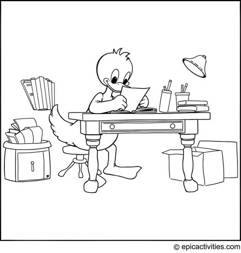 Coloring Page of a Cartoon Duck Writing a Letter at an Old-Fashioned Desk