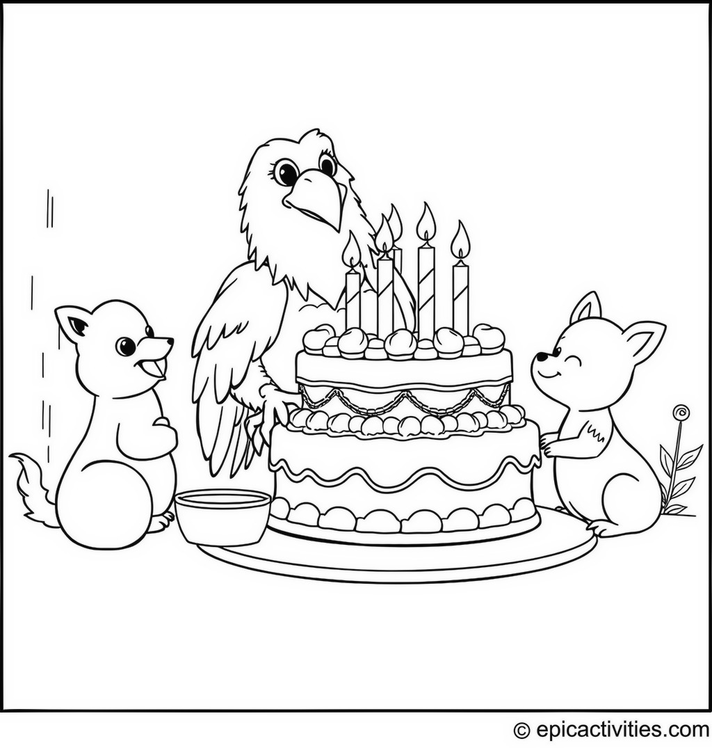 Coloring page of a Cartoon Eagle Baking a Giant Birthday Cake for Woodland Creatures