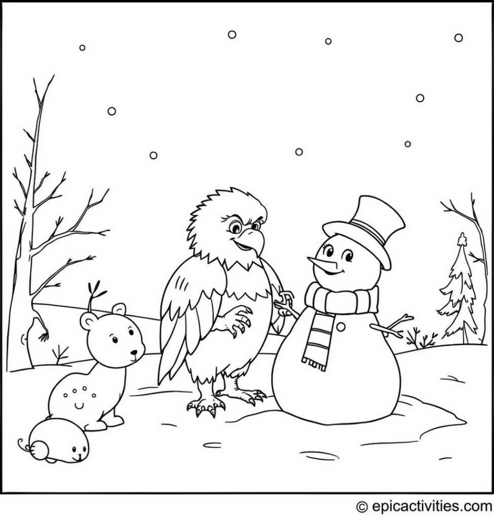 Coloring page of a Cartoon Eagle Building a Snowman in a Winter Wonderland with Other Animals