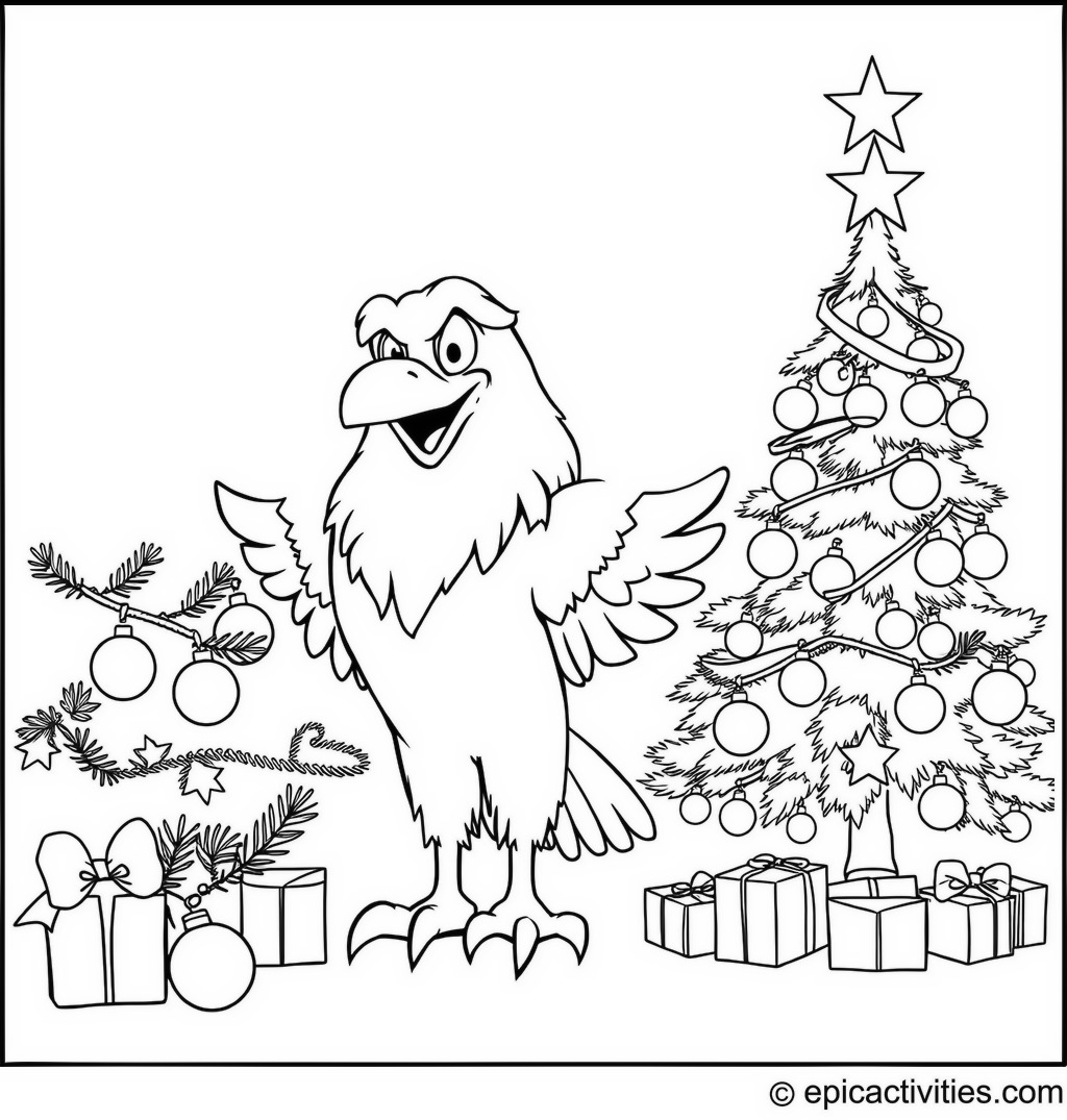 Coloring page of a Cartoon Eagle Decorating a Grand Christmas Tree