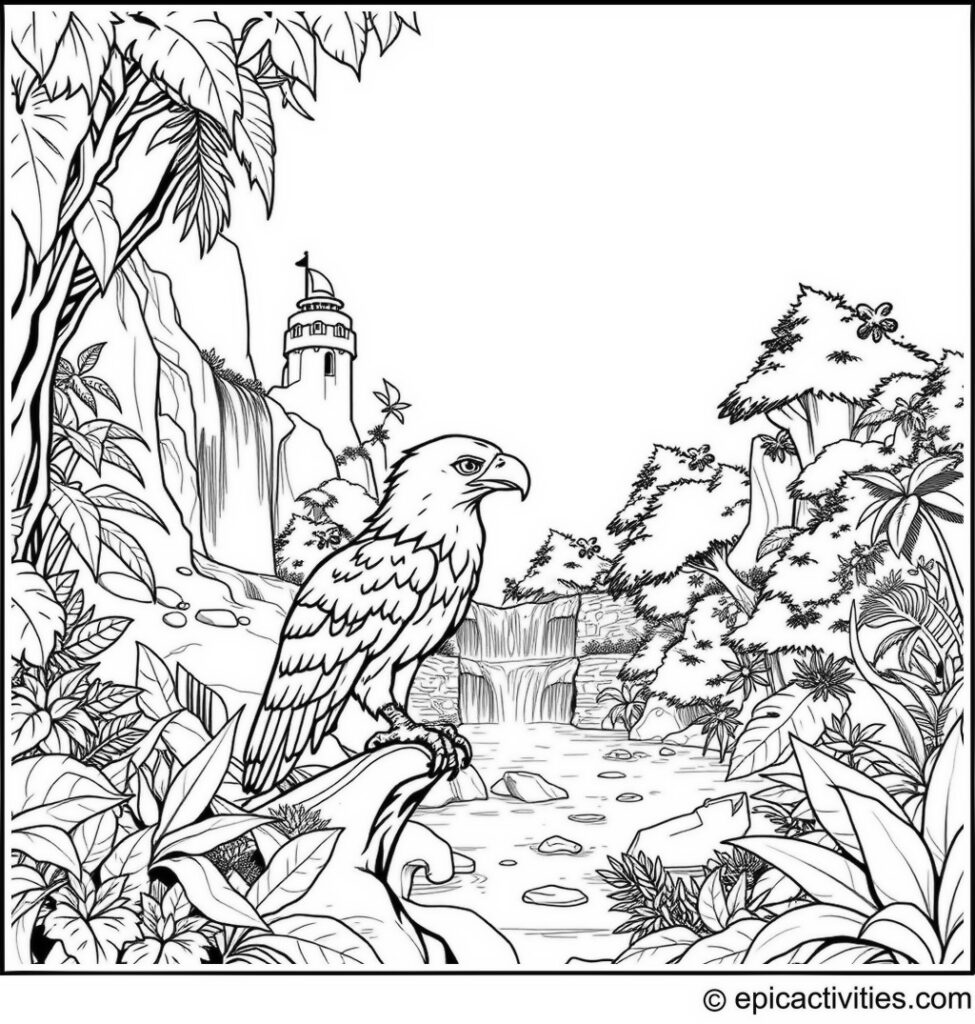 Coloring page of a Cartoon Eagle Discovering a Hidden Paradise