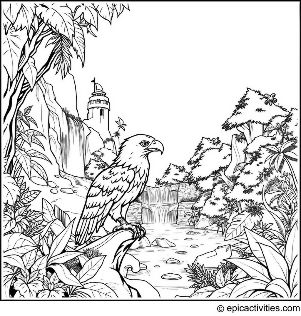 Coloring page of a Cartoon Eagle Discovering a Hidden Paradise