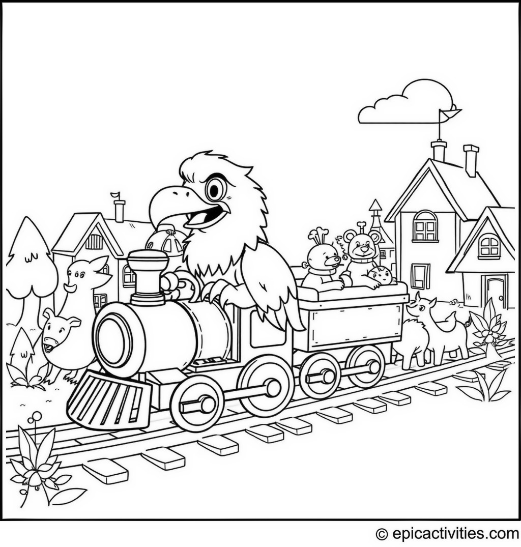 Coloring page of a Cartoon Eagle Driving a Toy Train through a Charming Village of Animals
