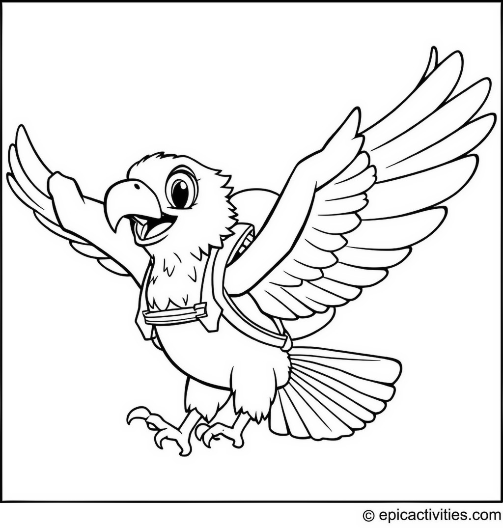 Coloring page of a cartoon eagle flying with a backpack parachute