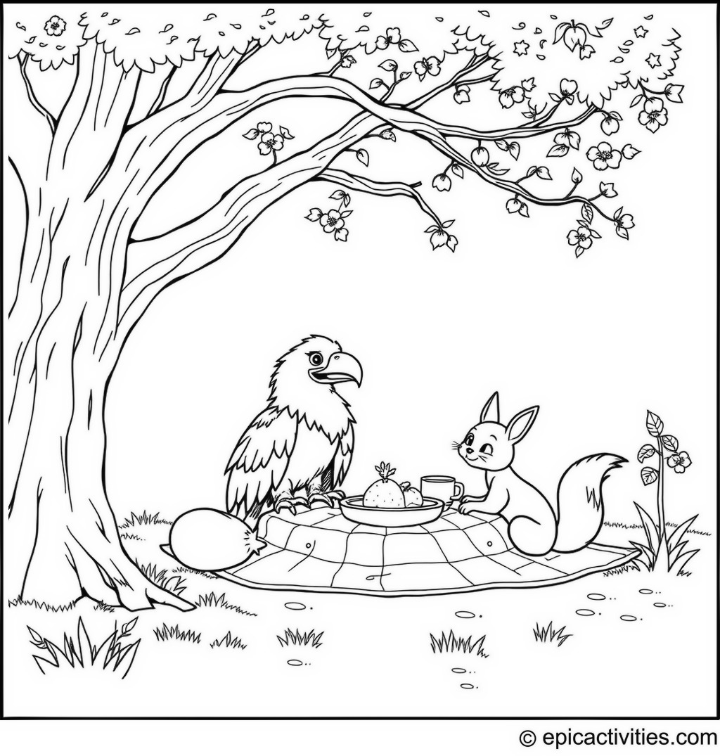 Coloring page of a Cartoon Eagle, Fox, and Rabbit Having a Picnic