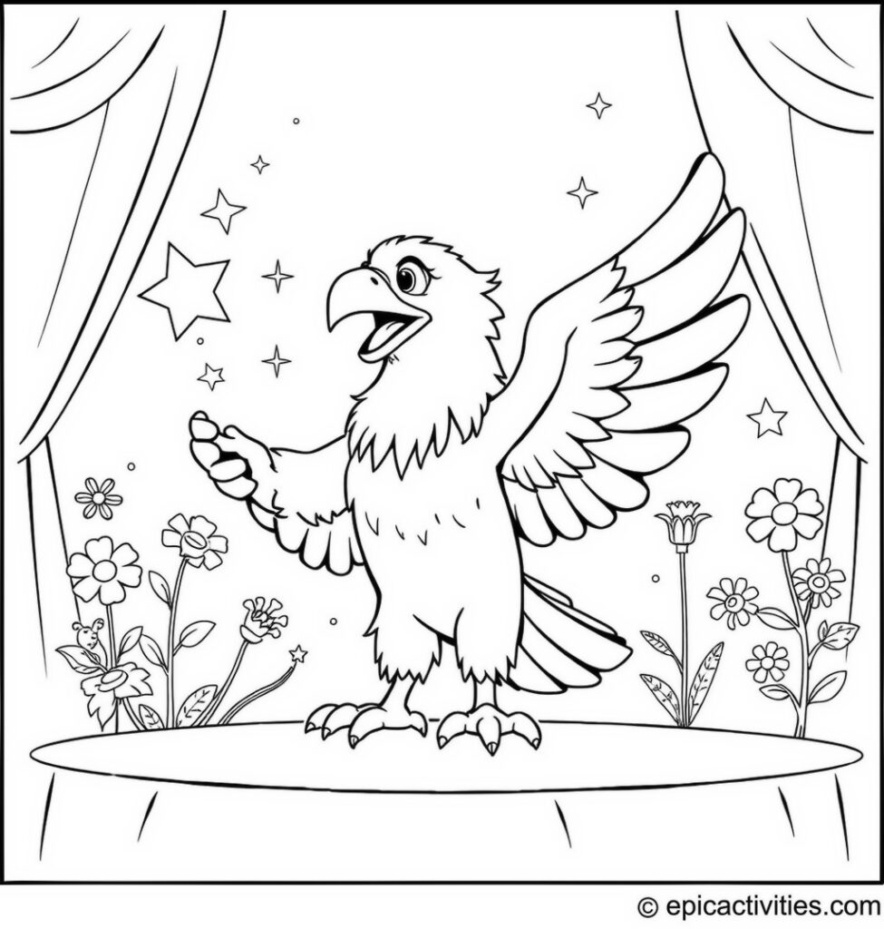 Coloring page of a Cartoon Eagle Performing Magic Show with Flowers and Stars