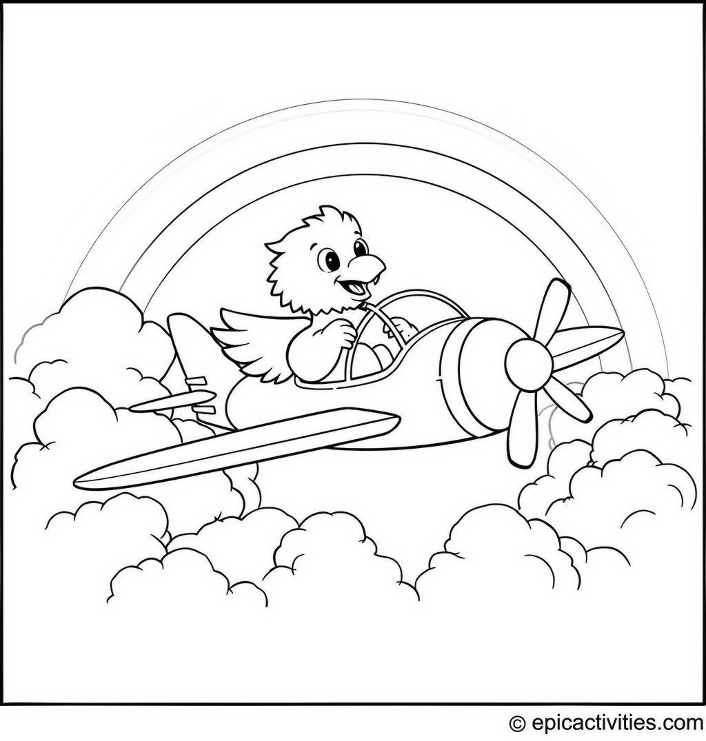 Coloring page of a cartoon eagle piloting a small plane through fluffy clouds with a rainbow in the background