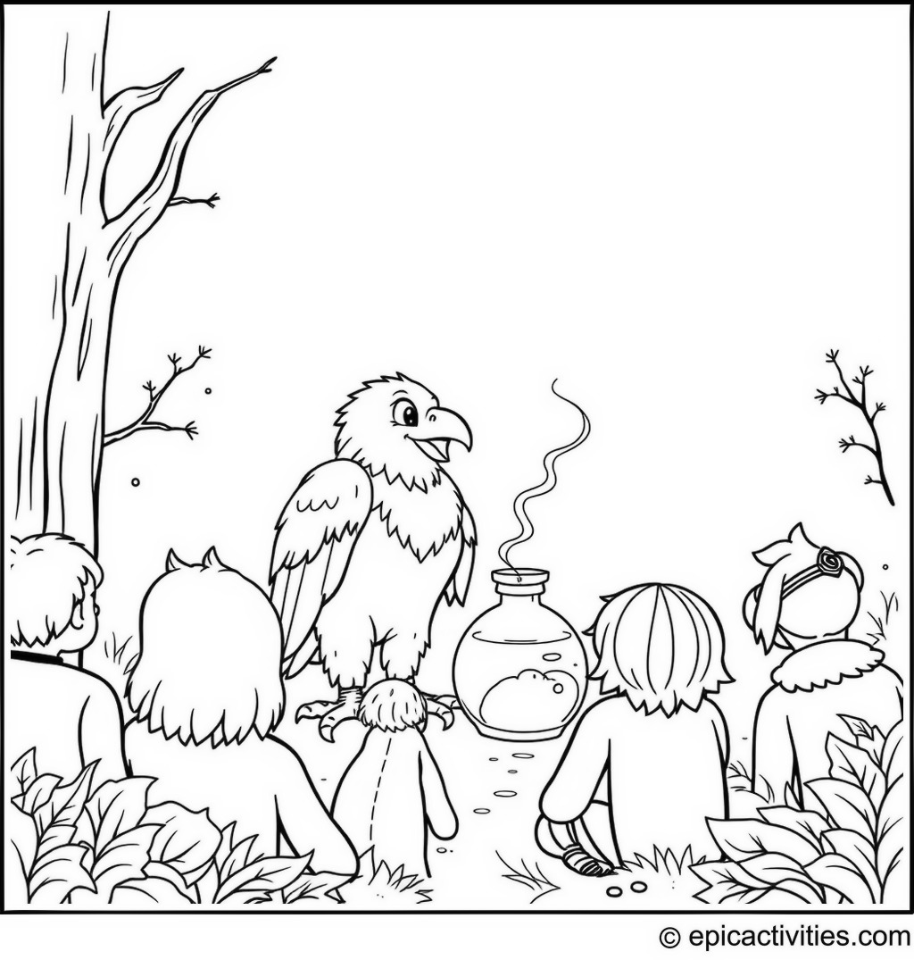 Coloring page of a cartoon eagle presenting a science experiment to a curious woodland audience