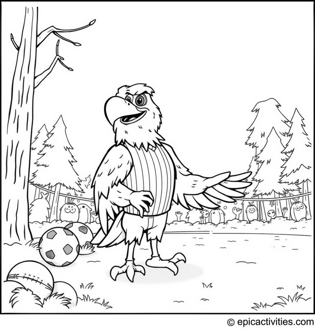 Coloring page of a Cartoon Eagle Referee in a Woodland Sports Competition