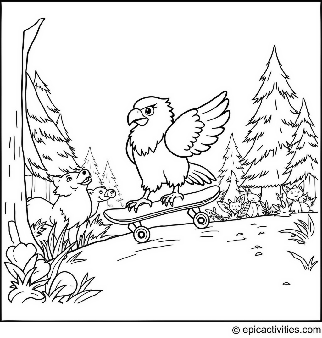 Coloring page of a cartoon eagle riding a skateboard down a woodland trail with cheering forest animals
