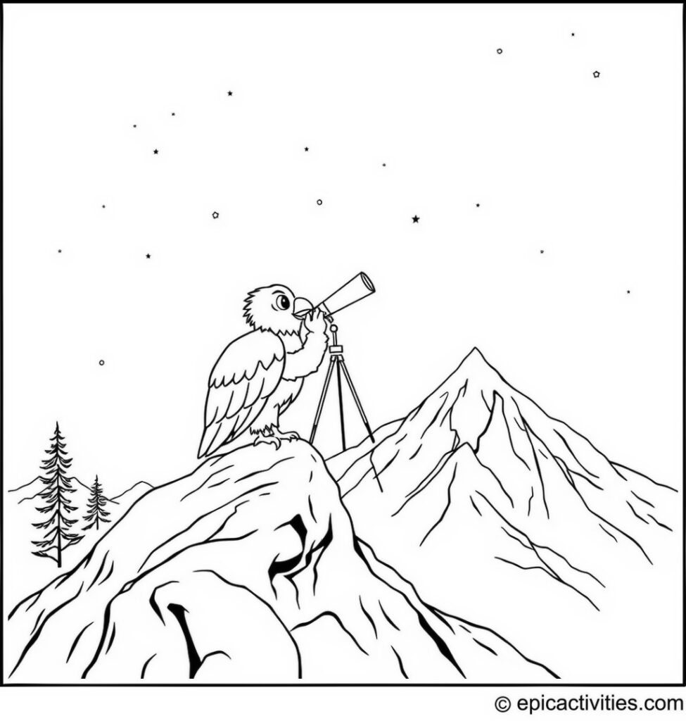 Coloring page of a Cartoon Eagle Stargazing with a Telescope